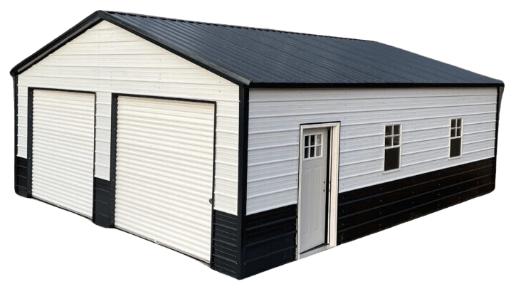 Metal building with a modern red roof and wide double garage doors